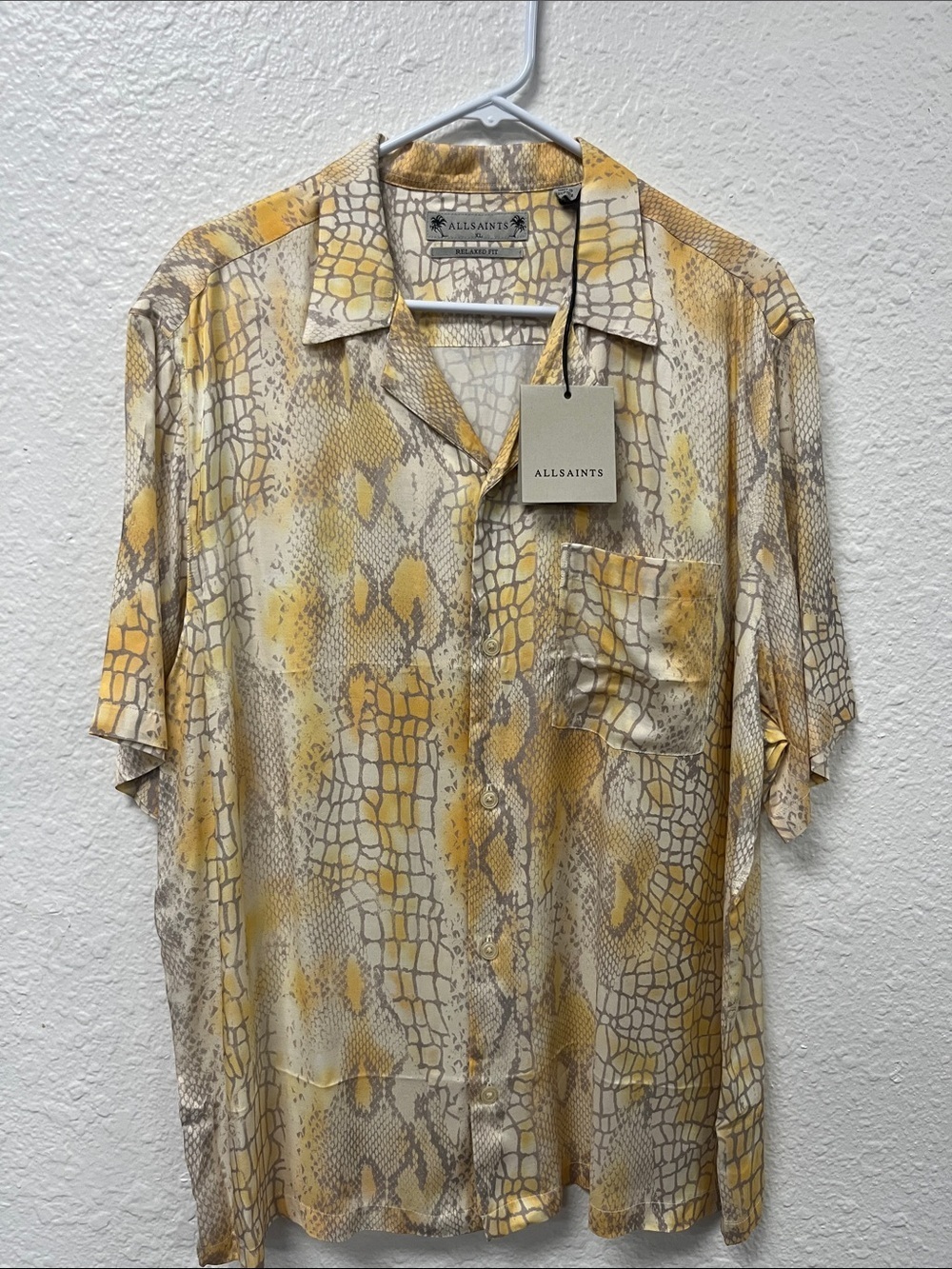 All Saints Yellow Skrale Snake Print Lightweight Camp Shirt
#1126